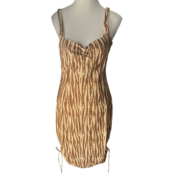 Backyard Roses Dresses & Skirts - Backyard Roses Ryder Midi Dress Womens Tan Brown Abstract Print Ruched Cinch XL